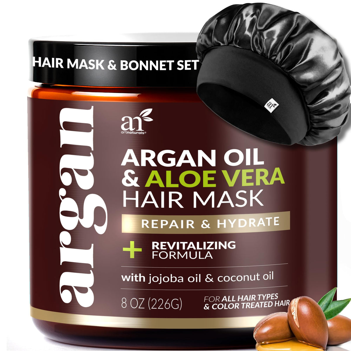 Artnaturals hair mask and silk bonnet set packaging closeup for overnight nourishment.