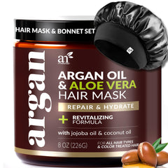Artnaturals hair mask and silk bonnet set packaging closeup for overnight nourishment.