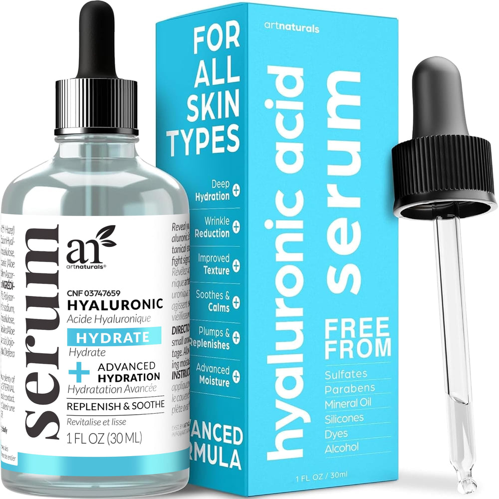 ArtNaturals Hyaluronic Acid Serum bottle closeup showing hydrating formula for smoother skin.