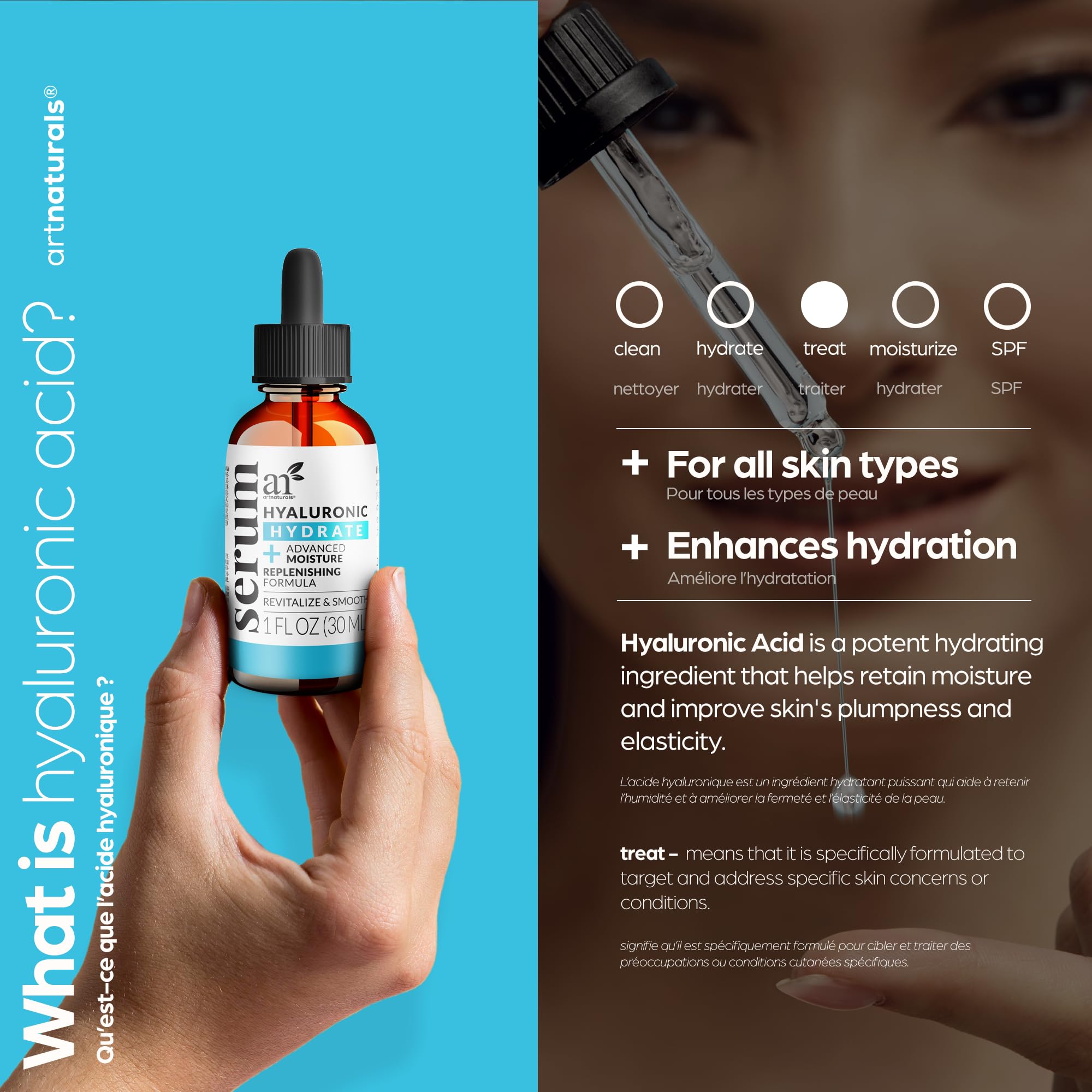 ArtNaturals Hyaluronic Acid Serum ingredient panel highlights active components.