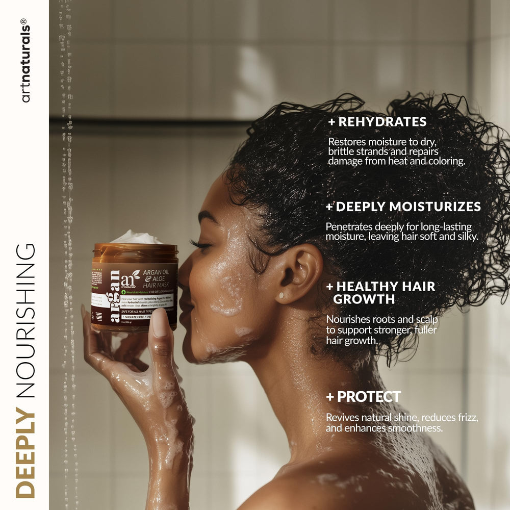 Artnaturals night-time bonnet on head demonstrates protective overnight hair routine.
