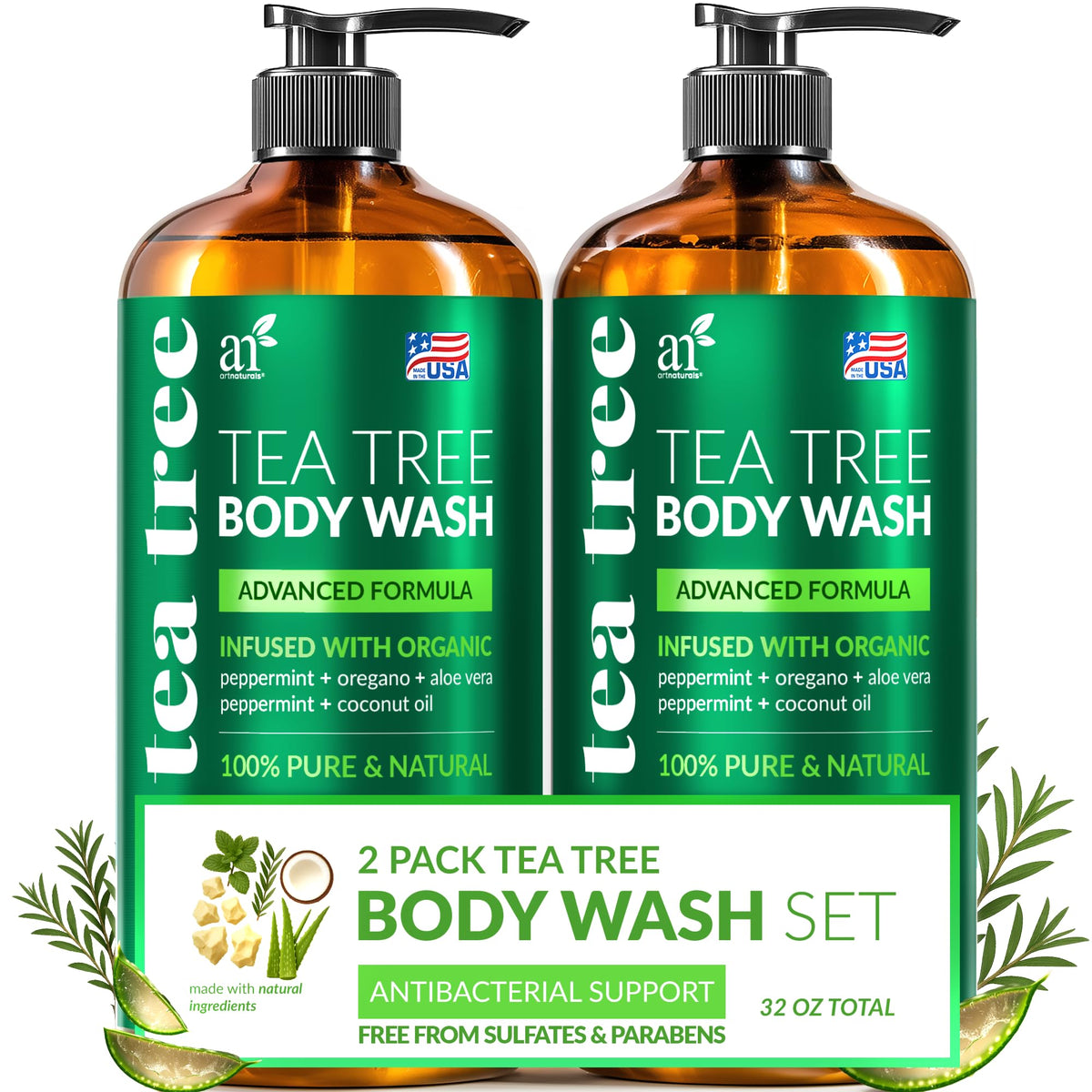 Artnaturals Tea Tree Oil Body Wash bottle offers a refreshing cleanse for clearer skin.