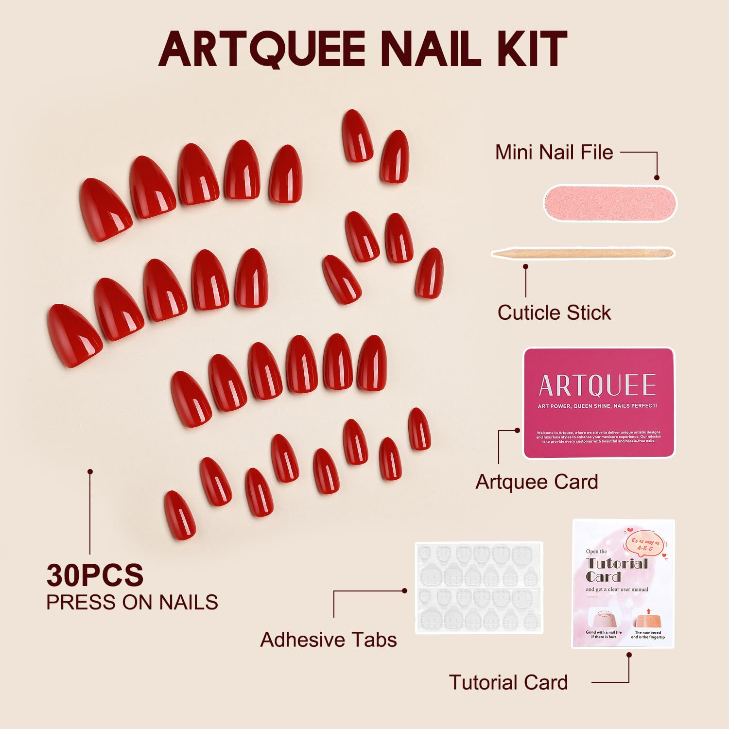Artquee red almond nails include mini file, cuticle stick, and tutorial for DIY manicure.