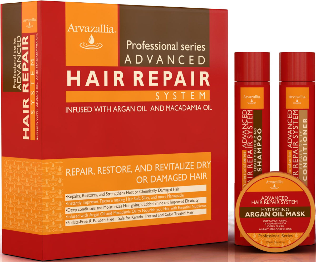 Arvazallia Advanced Hair Repair Shampoo bottle pouring; sulfate-free cleansing for damaged hair.
