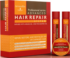 Arvazallia Advanced Hair Repair Shampoo bottle pouring; sulfate-free cleansing for damaged hair.