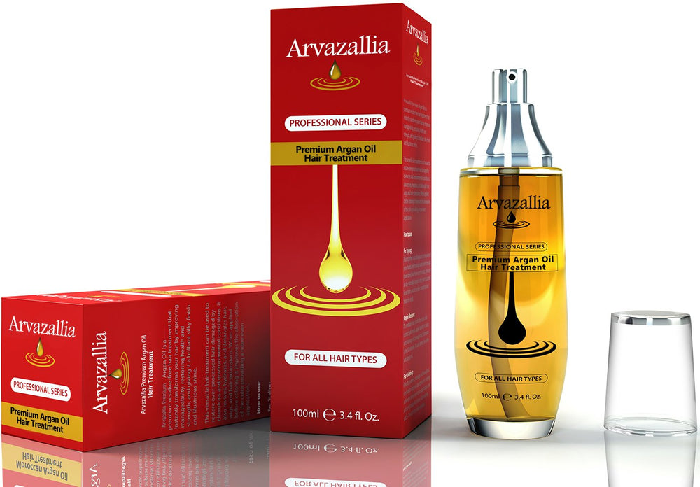 Arvazallia Argan Oil Leave-In Treatment close-up showing glossy, healthy-looking hair