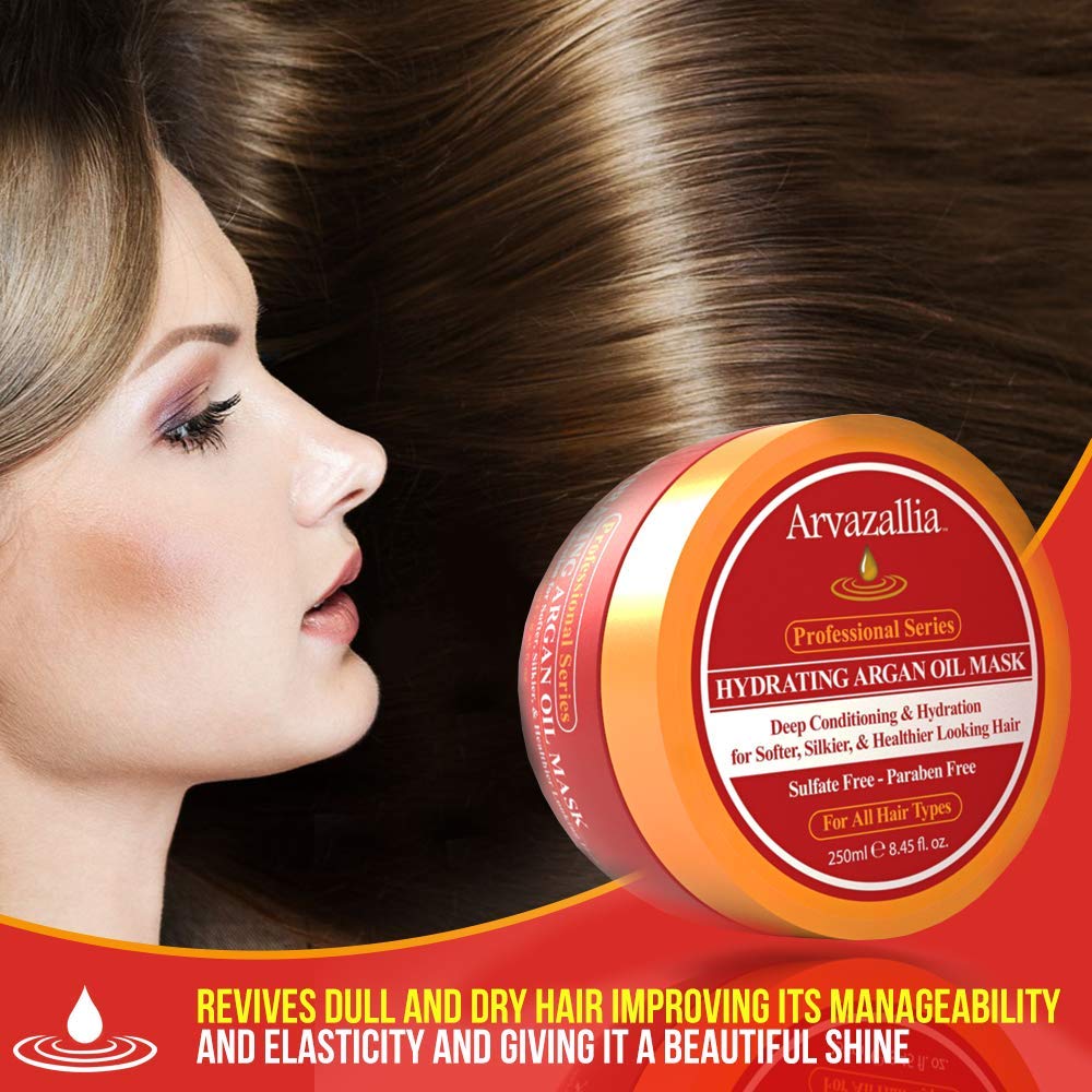 Arvazallia hair mask application hands shows easy, even coverage for damaged-looking hair.