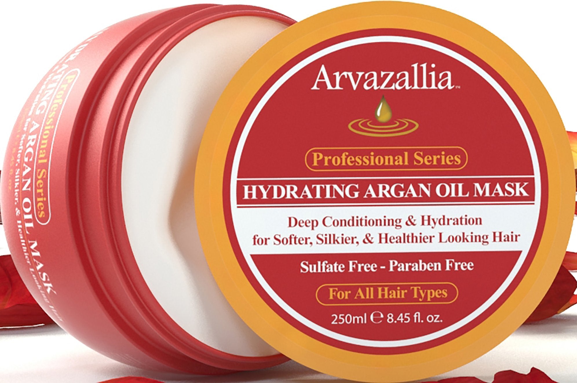 Arvazallia hydrating argan oil hair mask jar back highlights ingredients and sulfate-free formula.