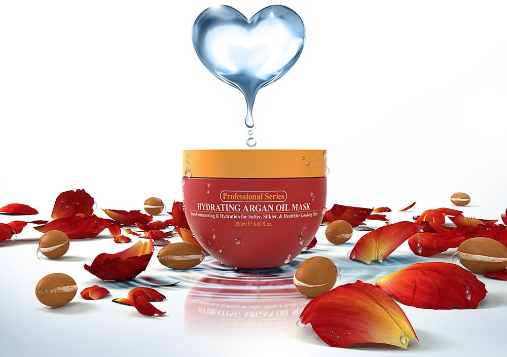 Arvazallia hydrating argan oil hair mask packaging 8.45oz emphasizes value and convenience.