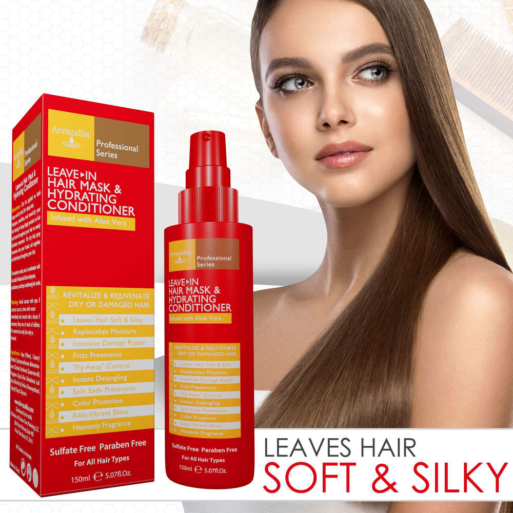 Arvazallia Leave-in Hair Mask packaging flat lay emphasizes professional-grade conditioning and hydration