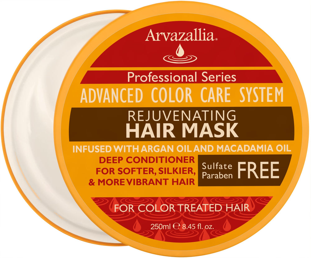 Arvazallia Rejuvenating Hair Mask bottle highlights color-safe hydration.