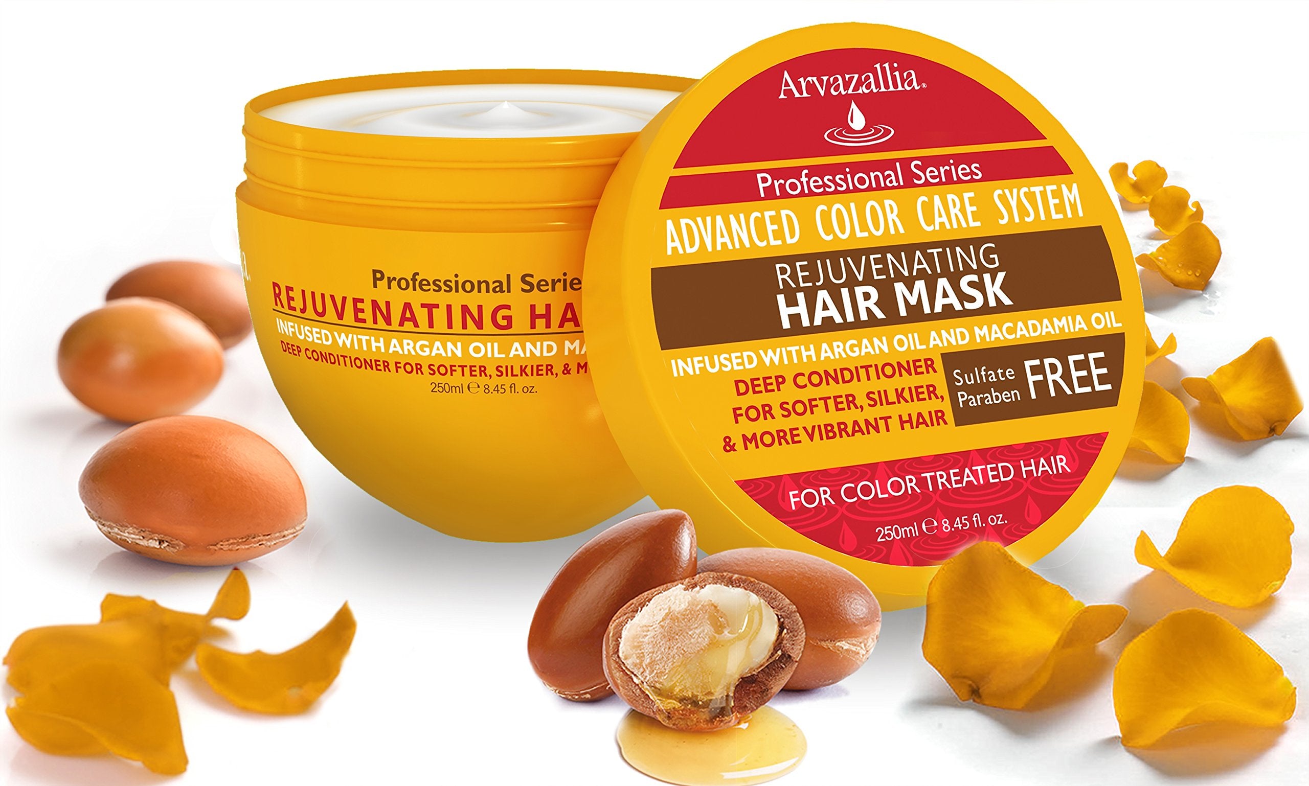 Arvazallia Rejuvenating Hair Mask jar shows rich conditioner for color-treated hair.
