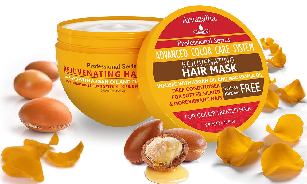 Arvazallia Rejuvenating Hair Mask jar shows rich conditioner for color-treated hair.