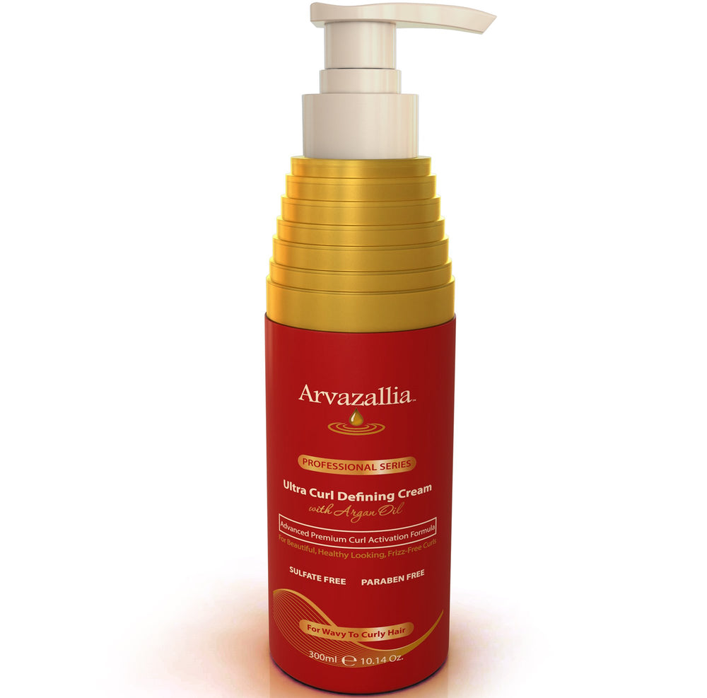 Arvazallia Ultra Curl Defining Cream bottle close-up showcases curl-definition potential.