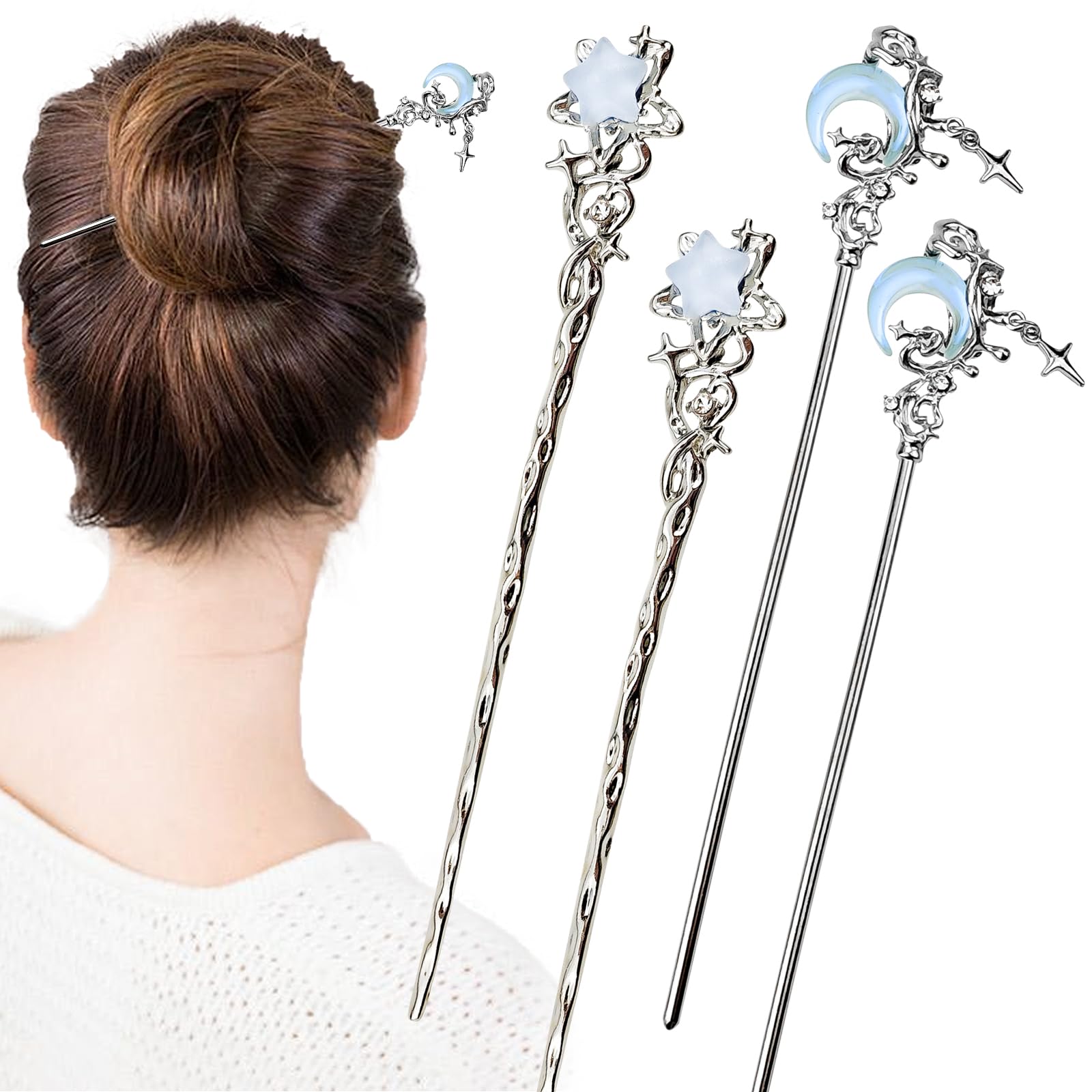Arvintas Star Moon Hair Sticks closeup with metal silver finish for elegant updos