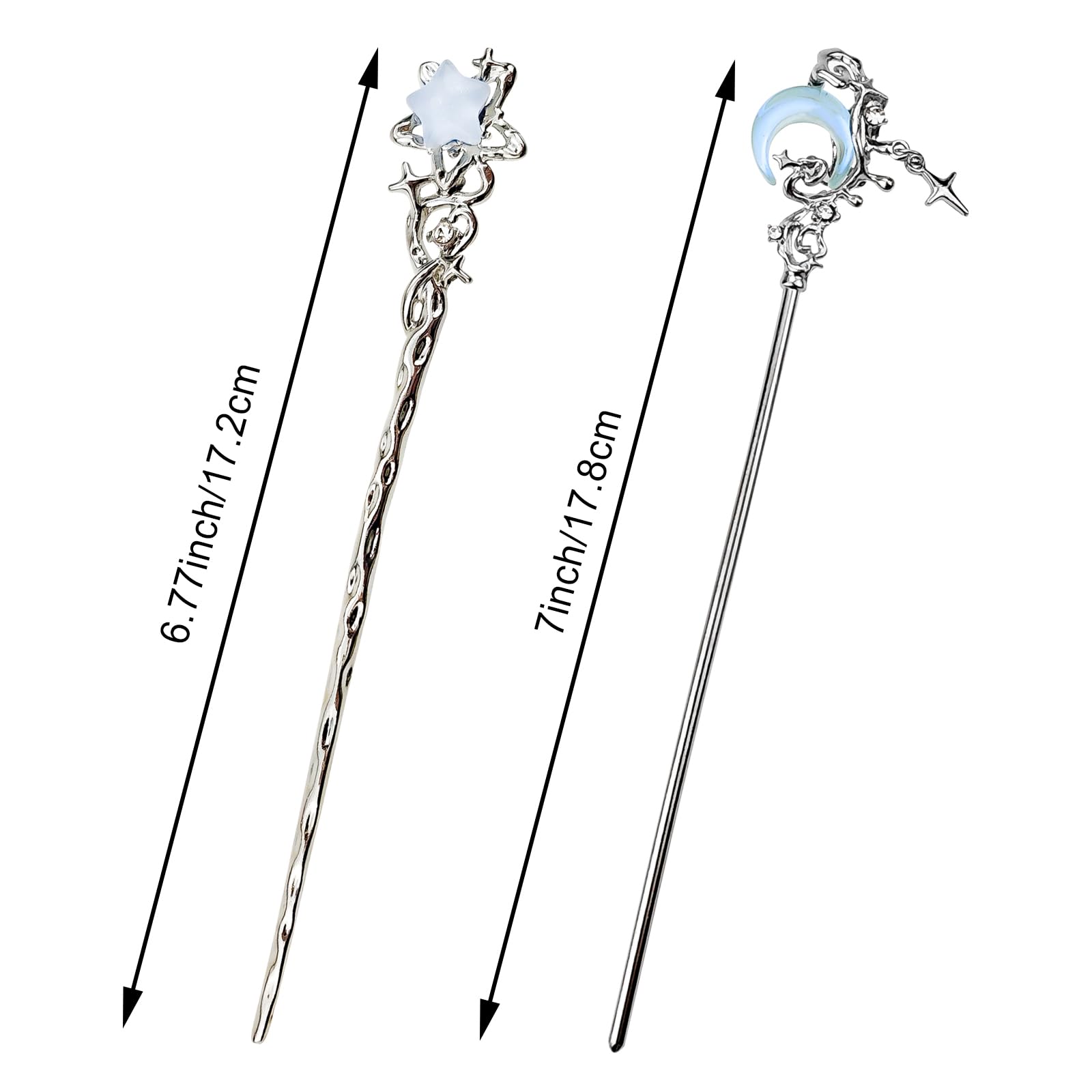 Arvintas Star Moon Hair Sticks worn on bun show secure hold for long hair