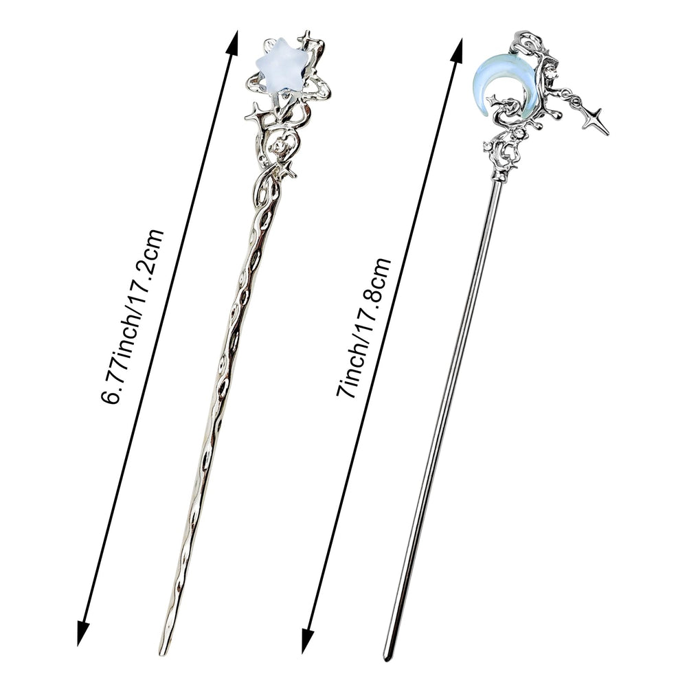 Arvintas Star Moon Hair Sticks worn on bun show secure hold for long hair