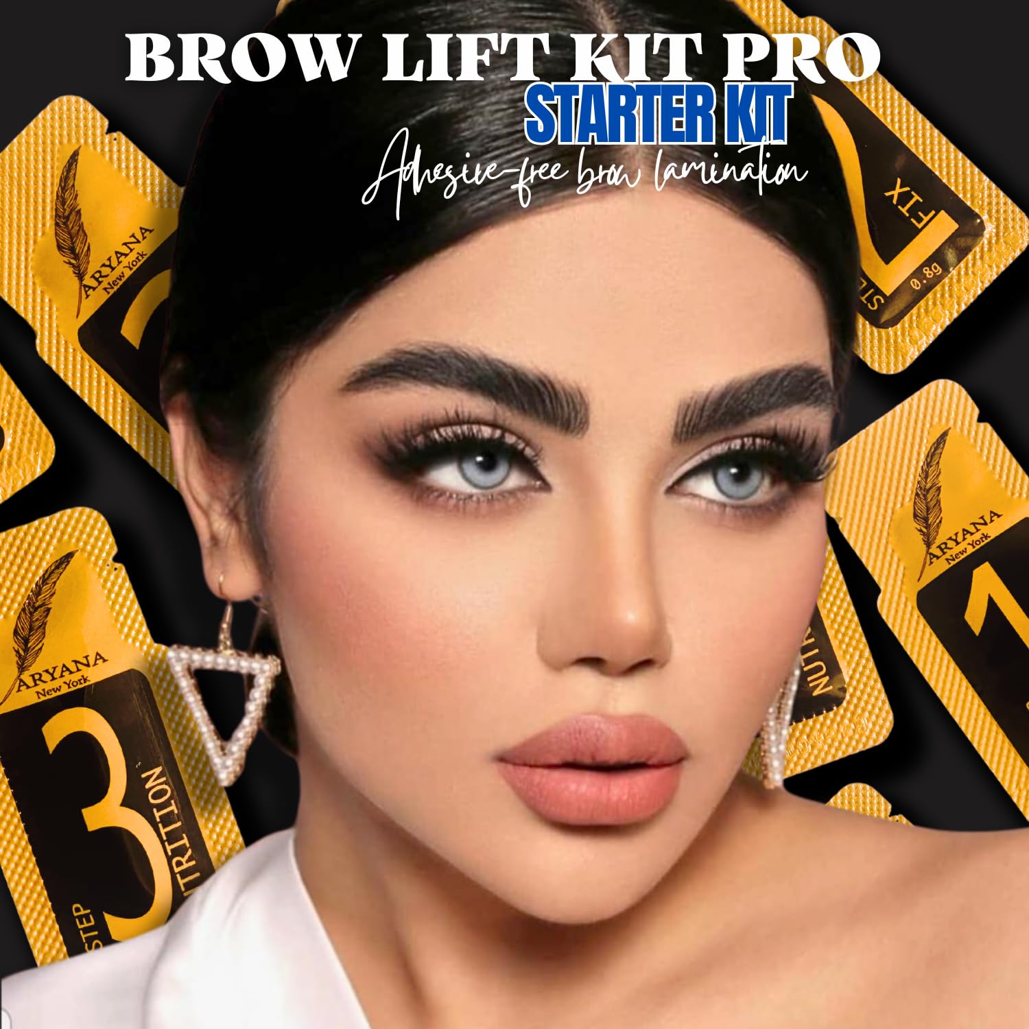 Aryana New York Brow Lamination 3-step sachets demonstrate easy adhesive-free process.