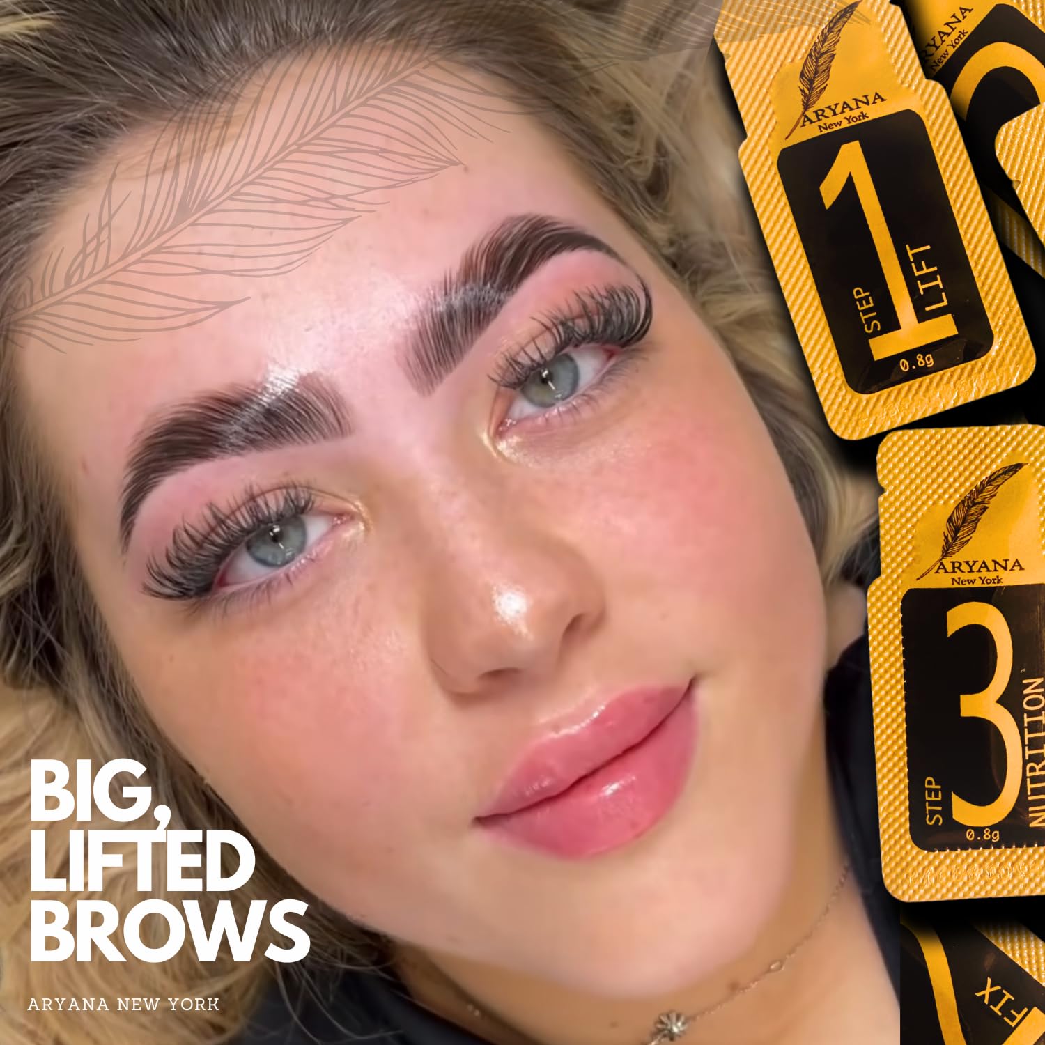 Aryana New York brow lamination result showing feathery, full brows in minutes.
