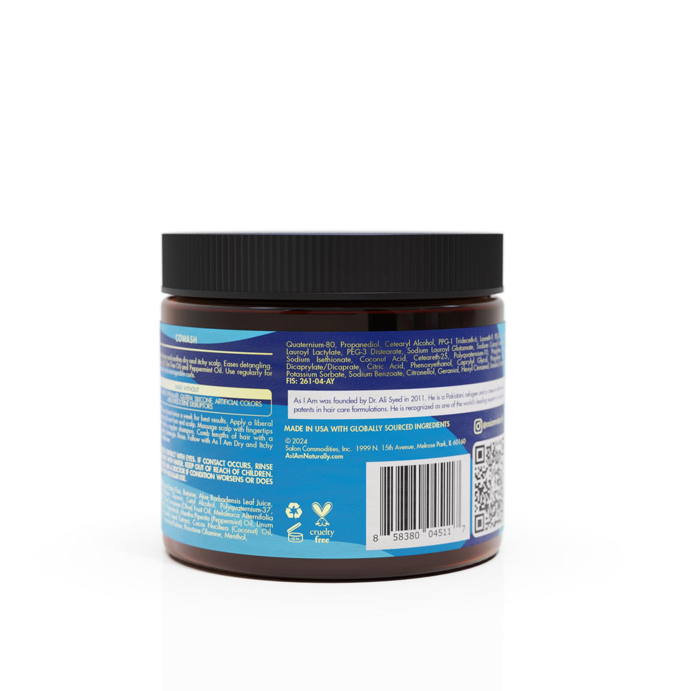 As I Am Dry Itchy Scalp Care Cowash label closeup shows olive oil and peppermint for soothing scalp