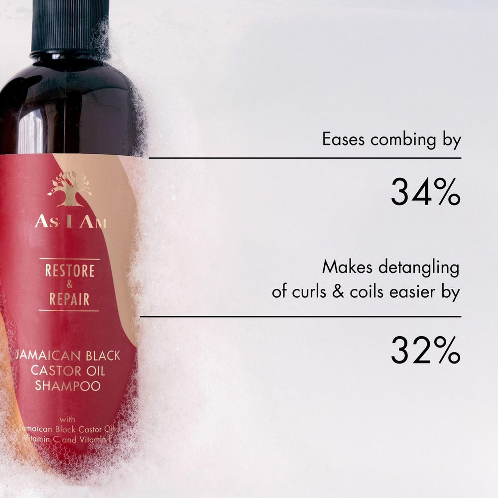 As I Am Jamaican Black Castor Oil Shampoo lather demonstrates rich foam and cleansing action