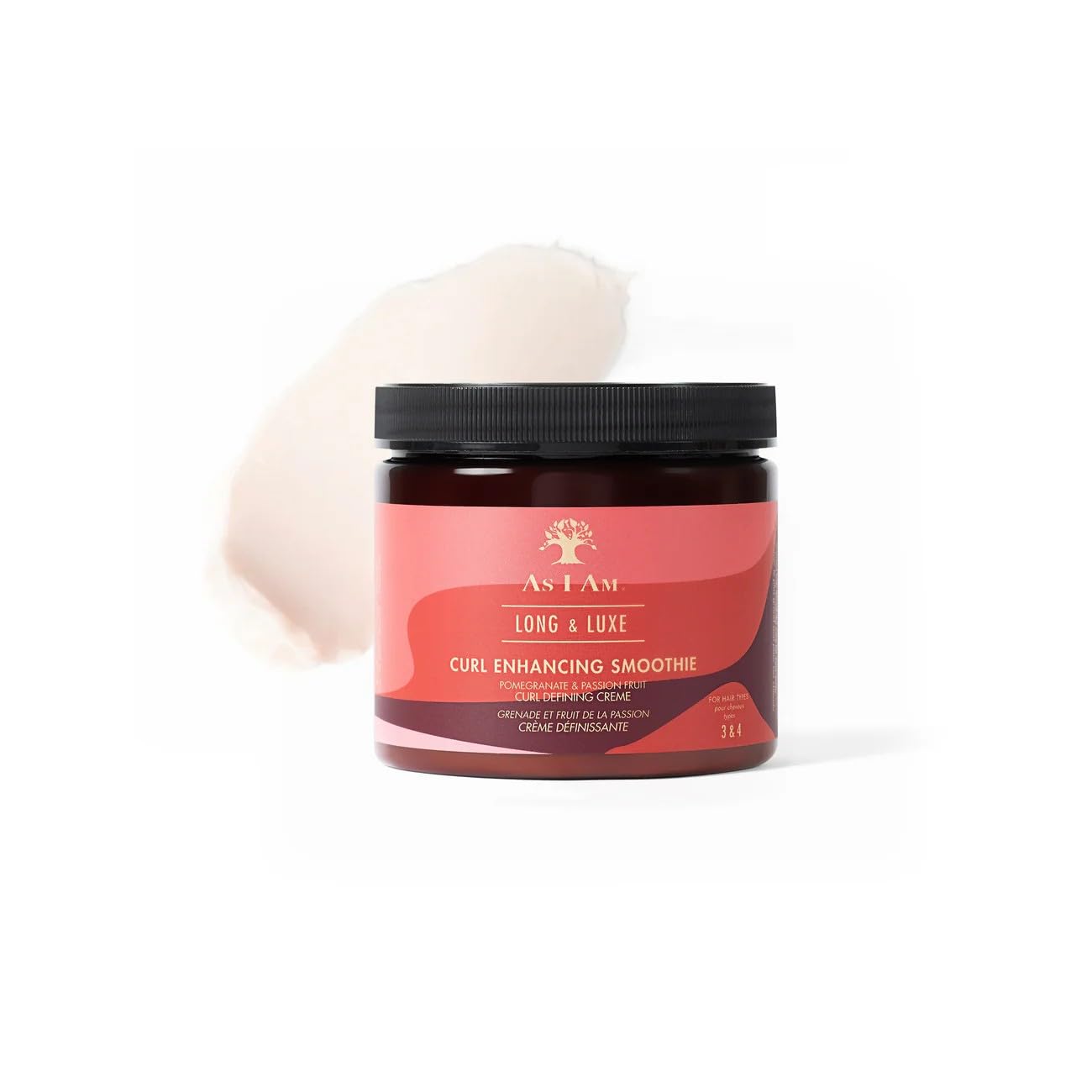 As I Am Long and Luxe Curl Enhancing Smoothie ingredients featuring pomegranate and passion fruit for nourishment.