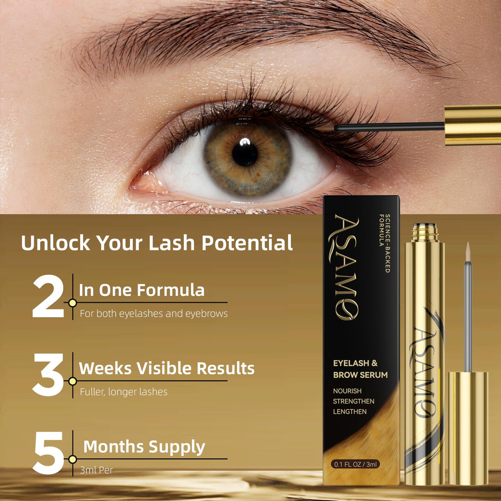ASAMO eyelash serum applicator brush close-up for precise application.