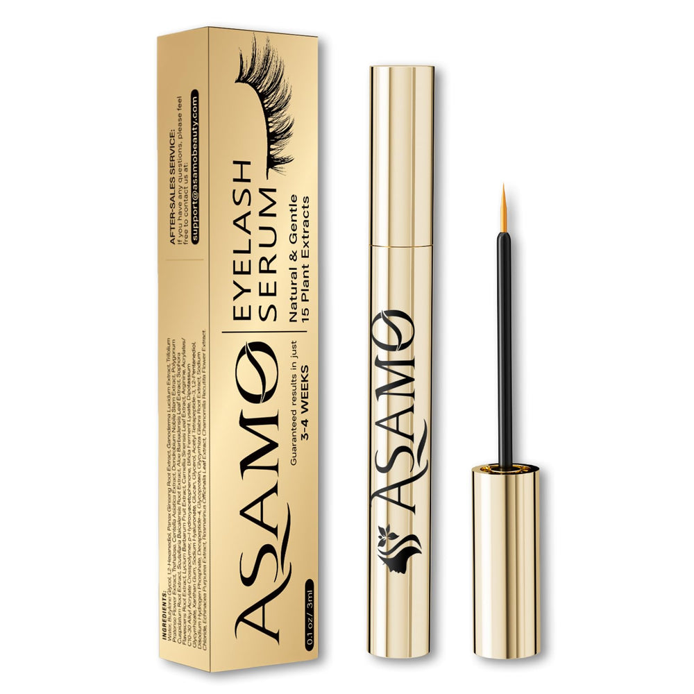 ASAMO eyelash serum golden bottle closeup for luxurious lash care