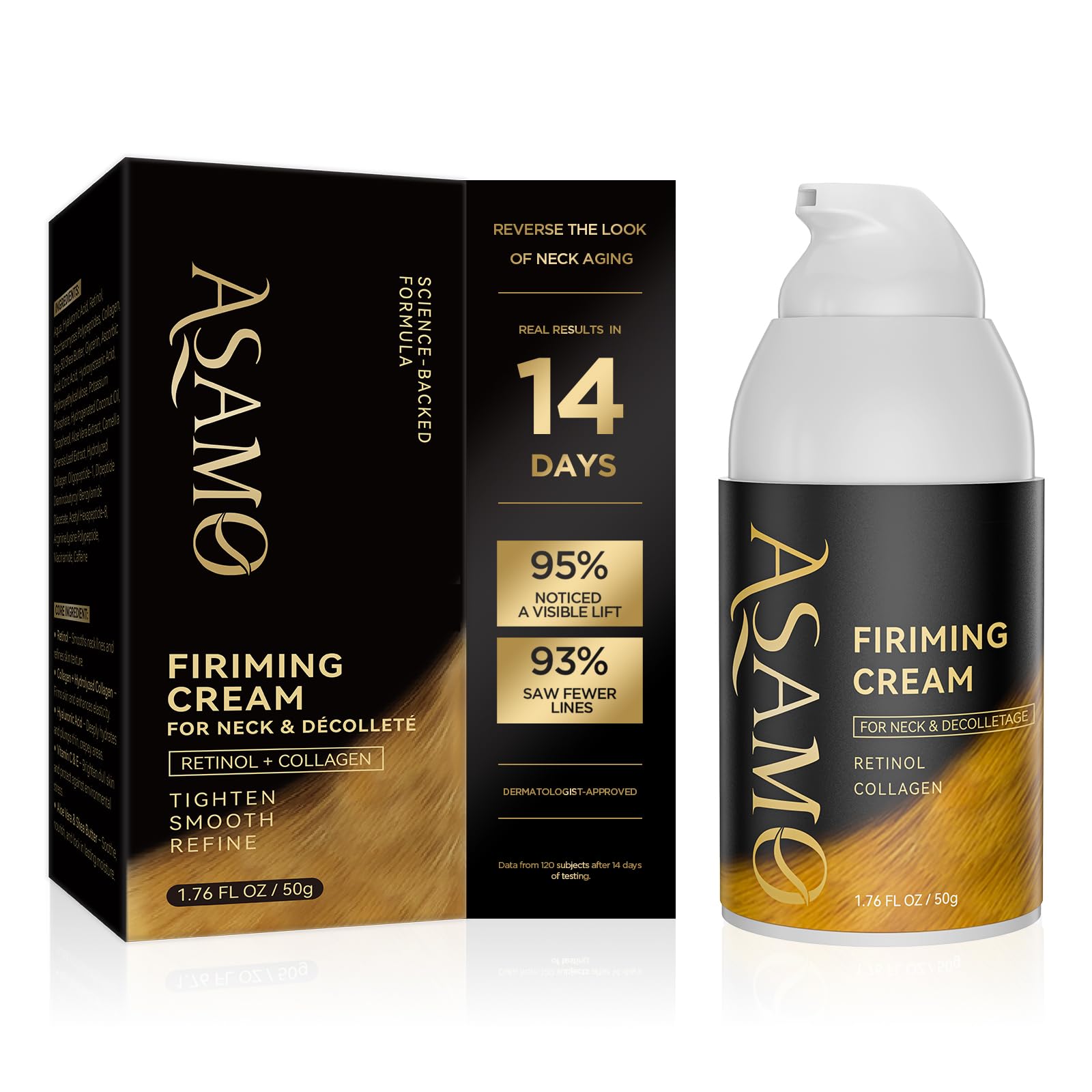 ASAMO firming neck cream tube demonstrates targeted tightening for a smoother neckline.