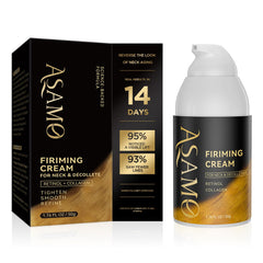 ASAMO firming neck cream tube demonstrates targeted tightening for a smoother neckline.
