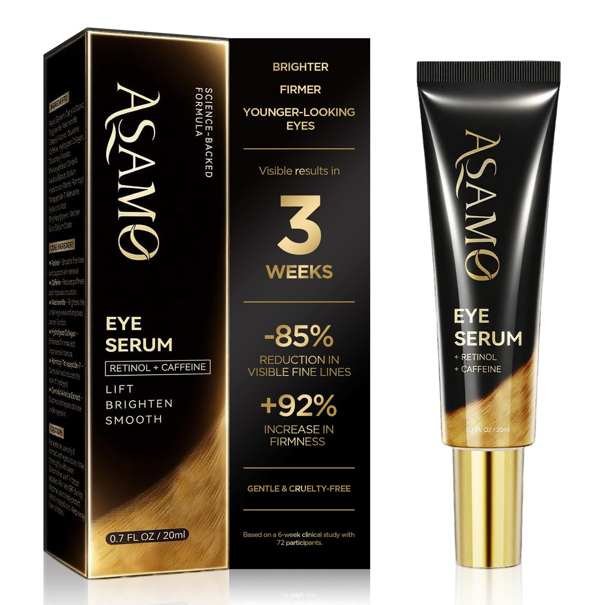 ASAMO Retinol & Caffeine Eye Serum bottle closeup shows fast-absorbing eye care
