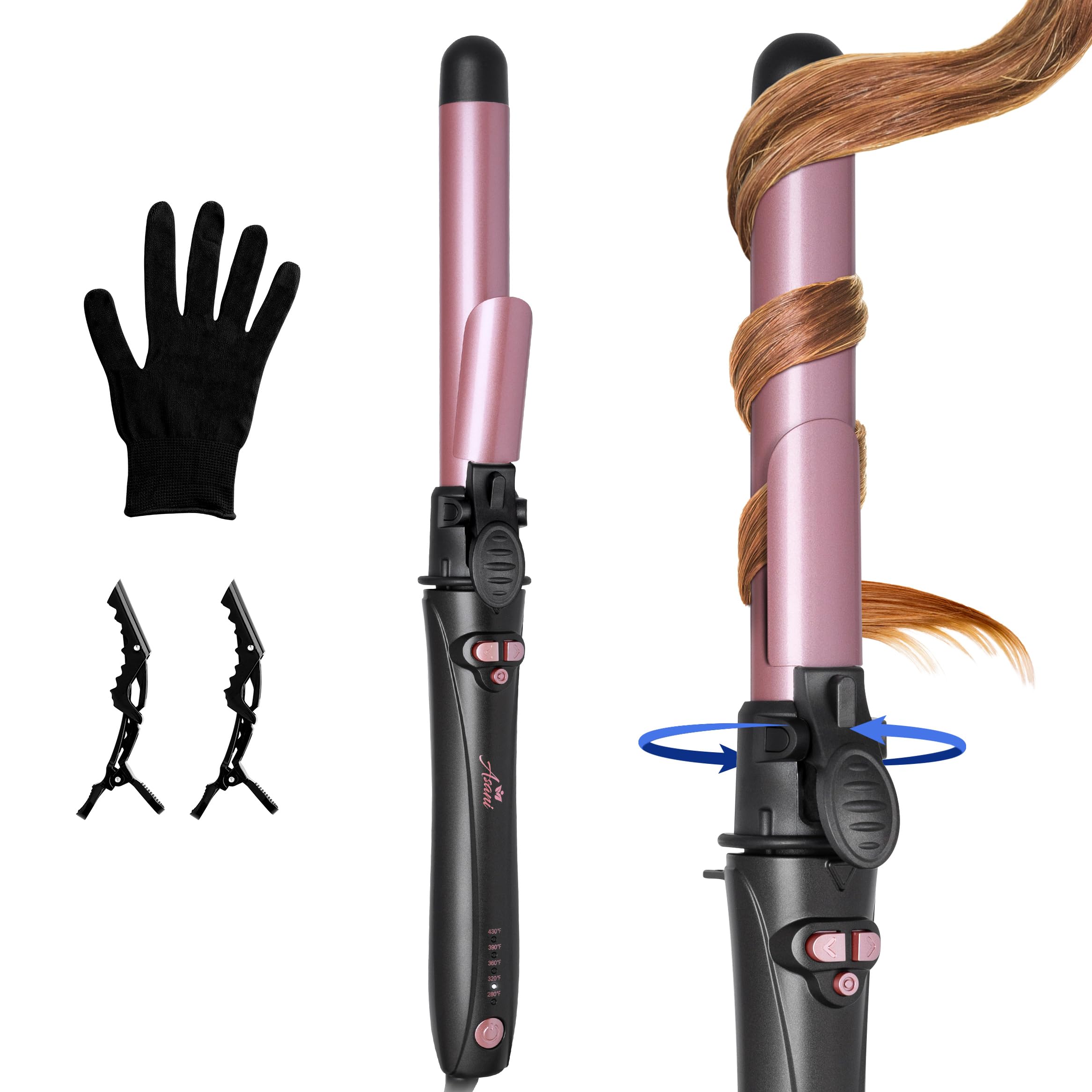 Asani 1-inch rotating curling iron heat close-up delivering fast, salon-ready curls.