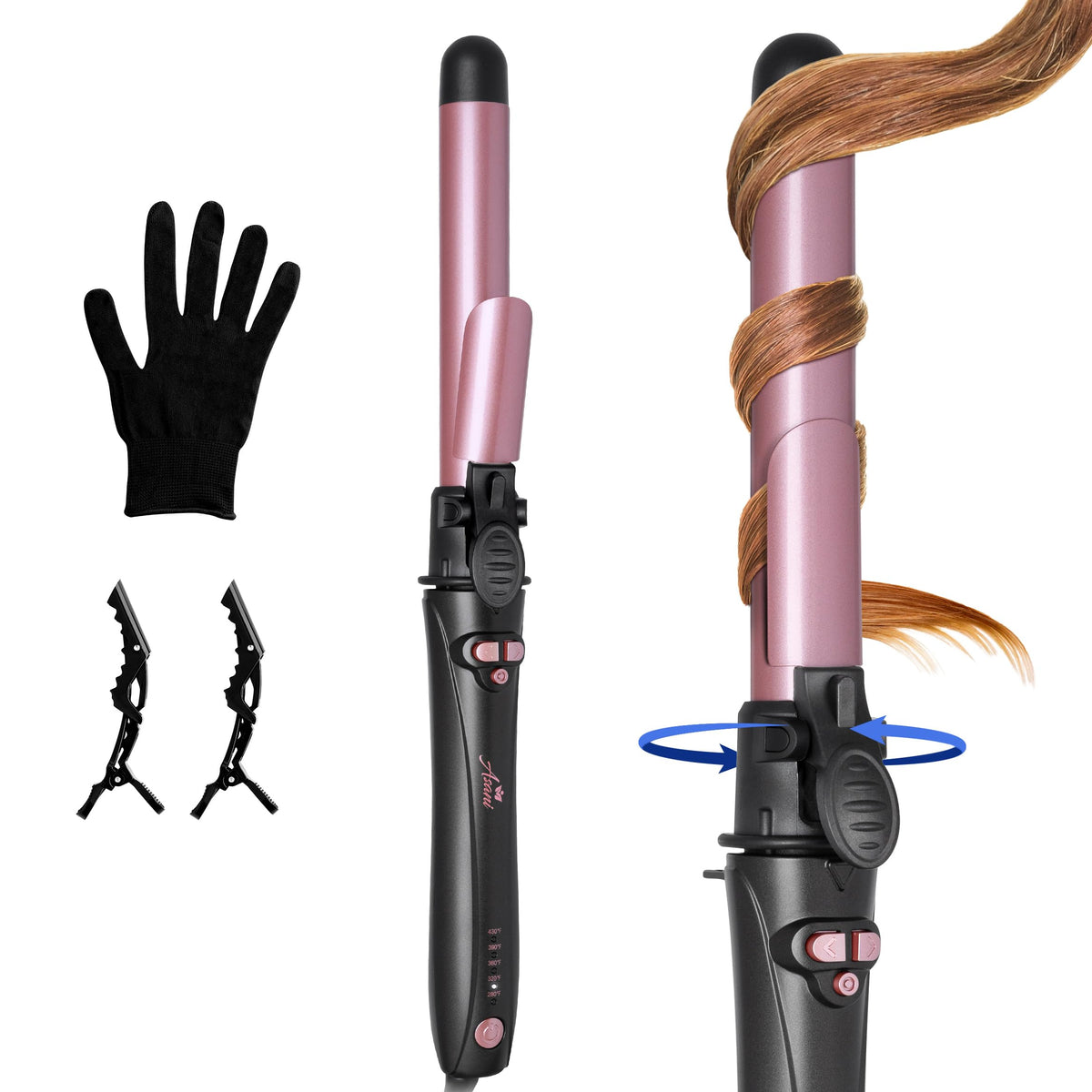 Asani 1-inch rotating curling iron heat close-up delivering fast, salon-ready curls.