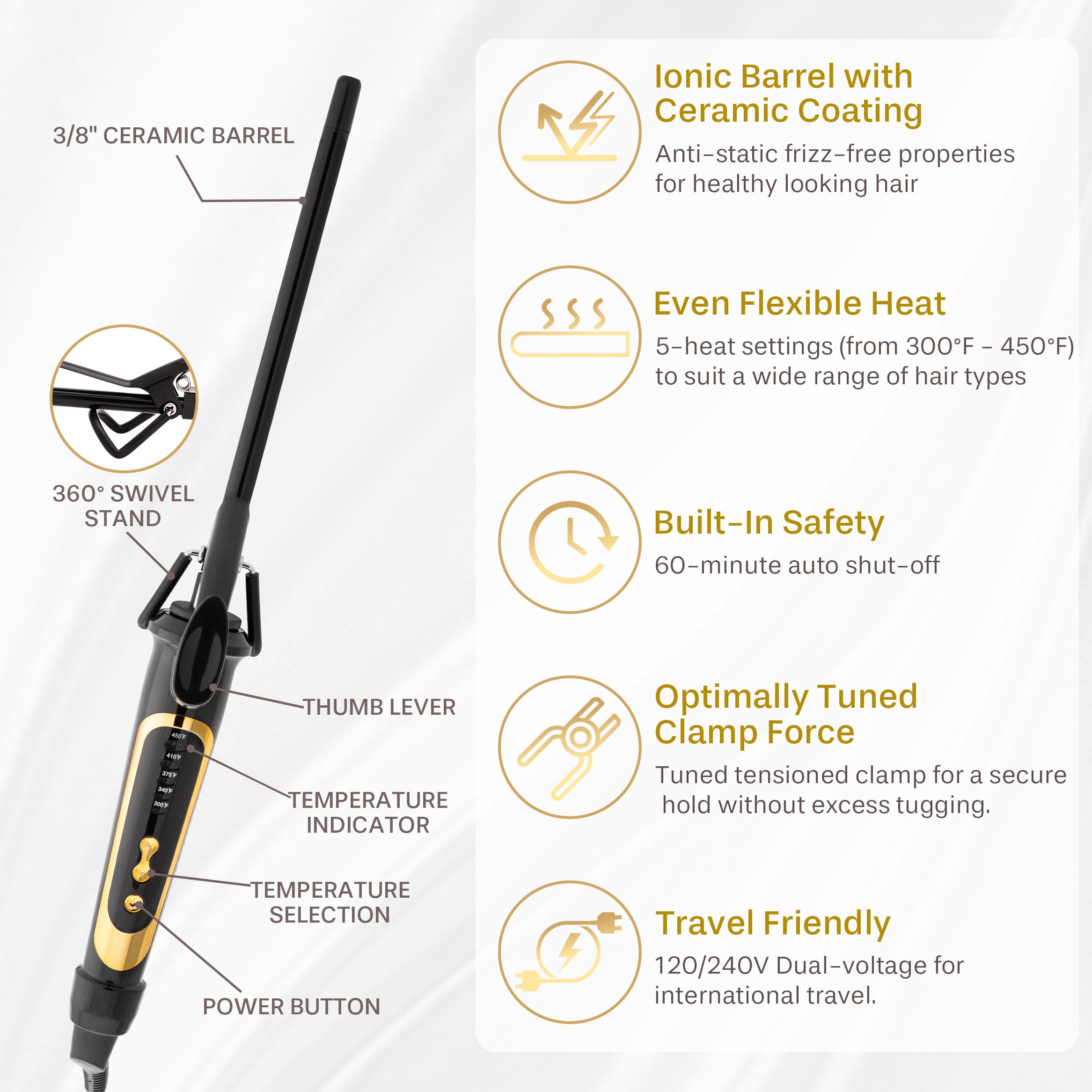 Asani curling-iron-wand-barrel-38-inch demonstrates tight spirals with precise control.