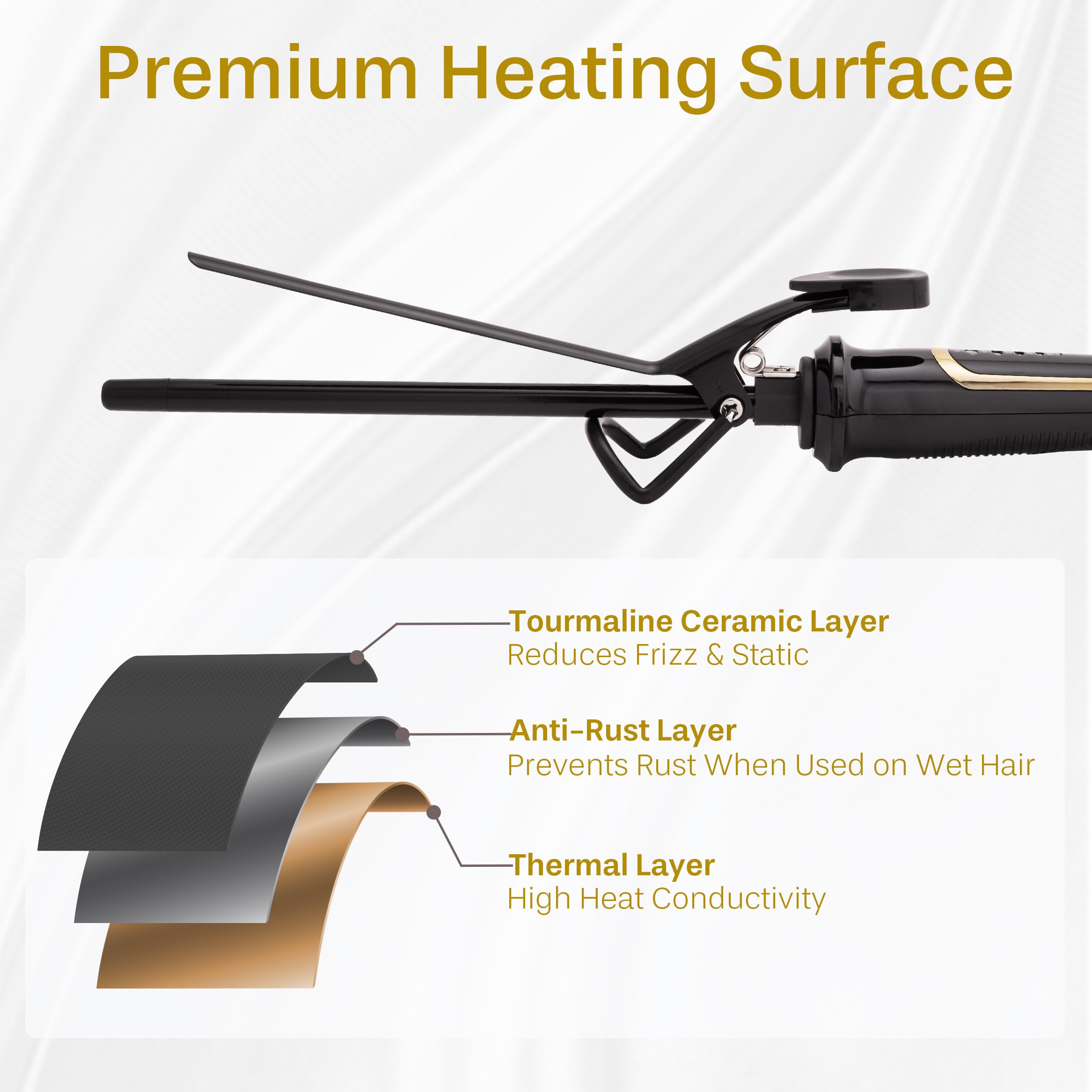 Asani curling-iron-wand-in-use shows 8-foot swivel cord for tangle-free maneuverability.
