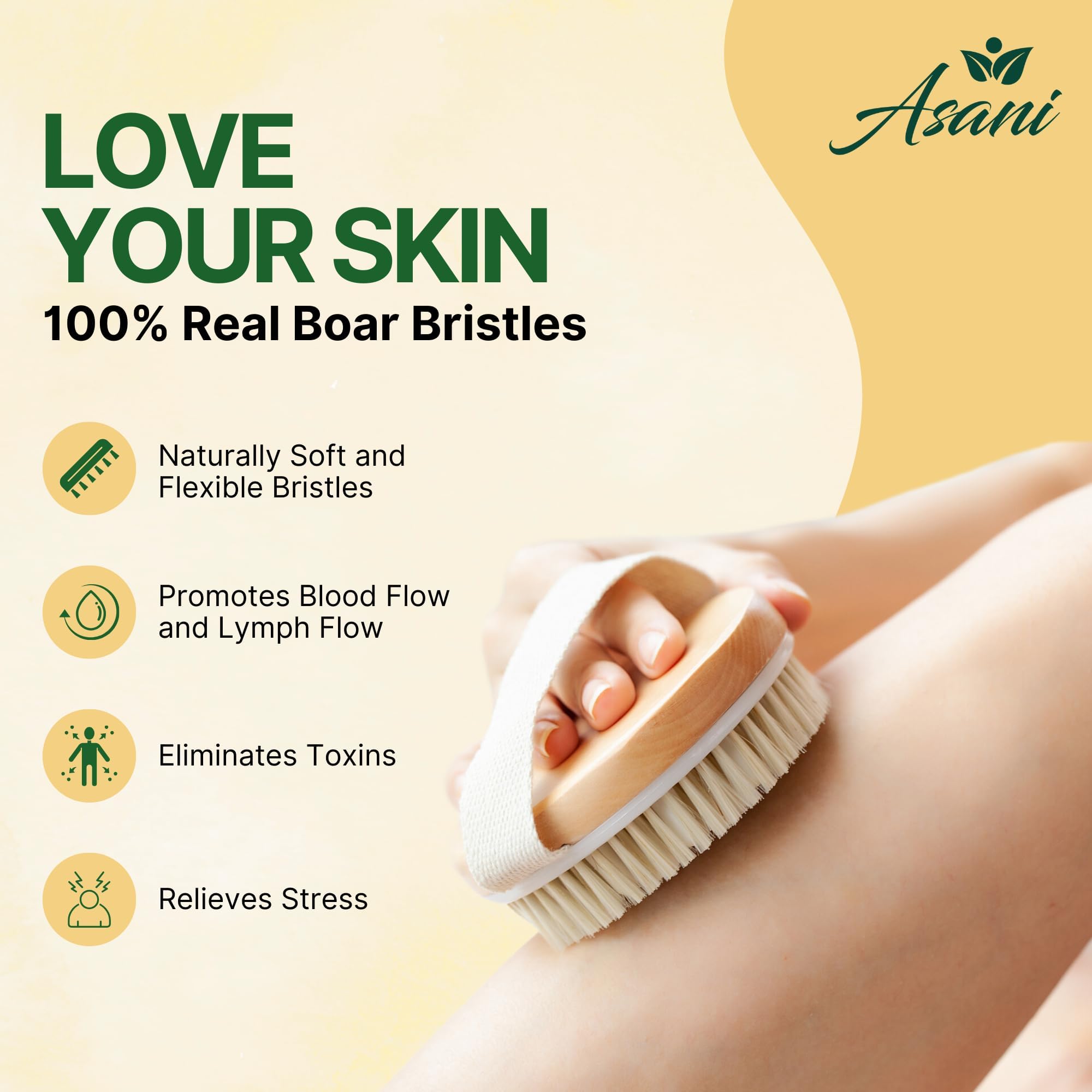 Asani contour body brush delivers precise exfoliation for smoother skin and cellulite-friendly results