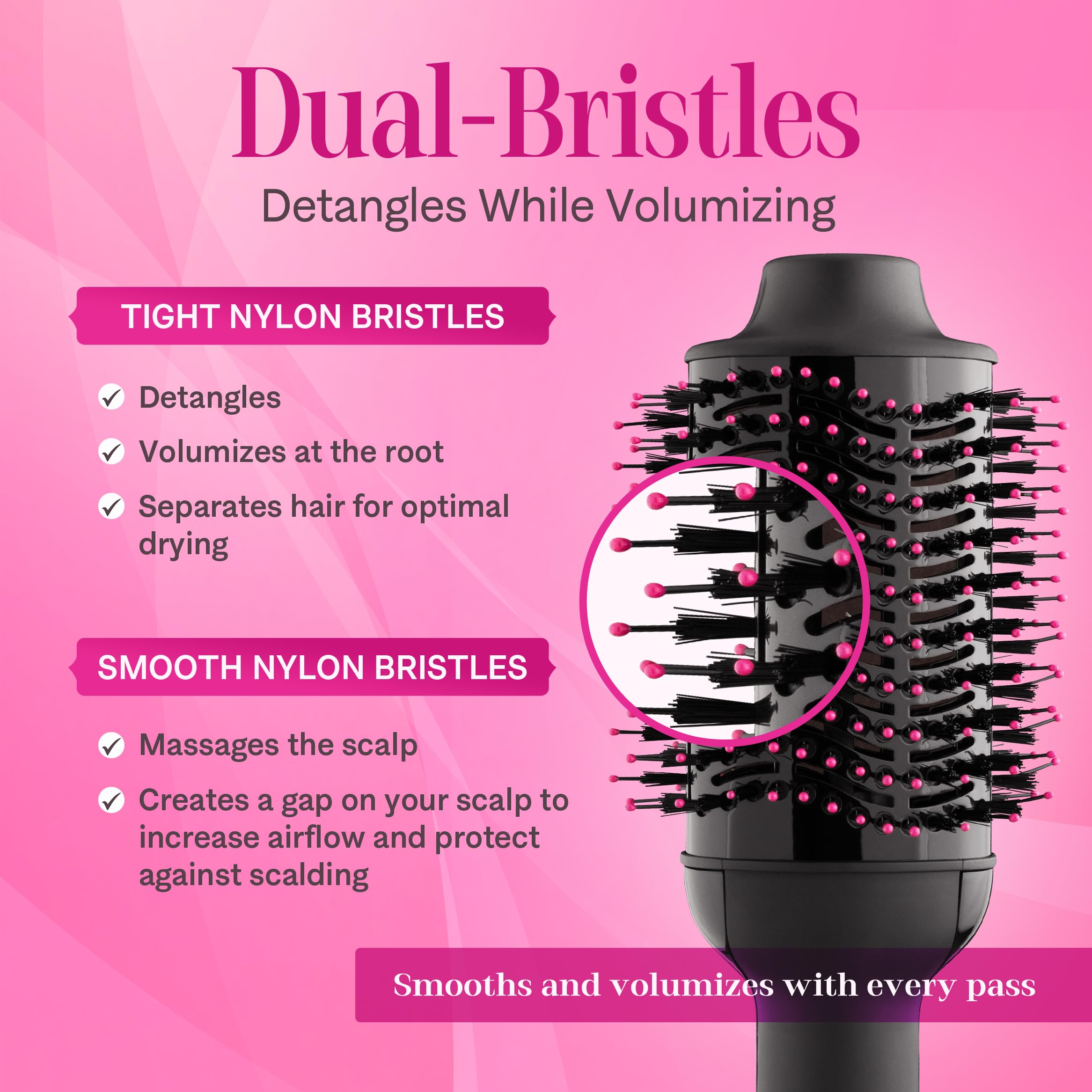 Asani hair dryer brush shows 360° airflow for fast, even drying