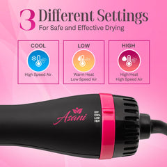 Asani hair dryer brush with titanium barrel smooths hair and reduces frizz