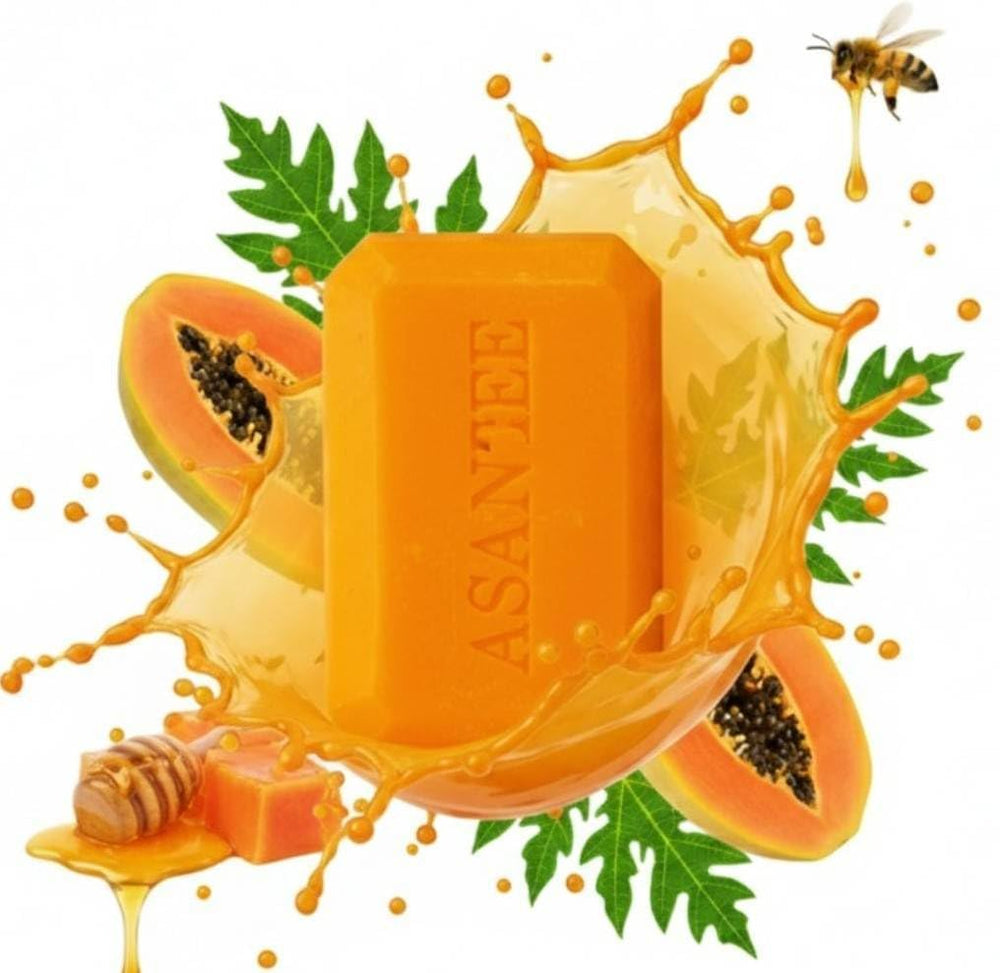 ASANTEE papaya-honey soap bars foam close-up emphasizing rich lather and deep cleanse.