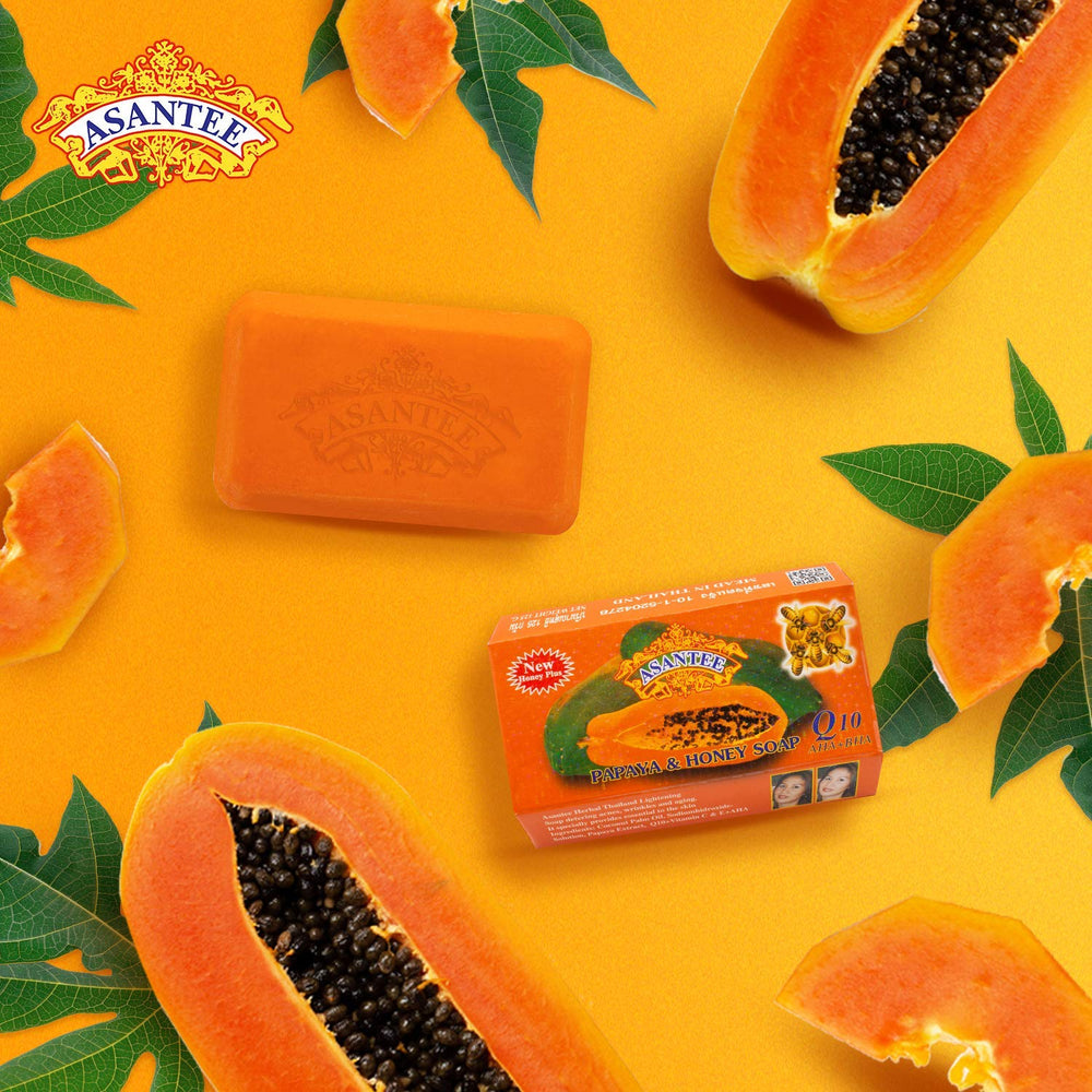 ASANTEE papaya-honey soap bars natural packaging emphasizing clean ingredients.