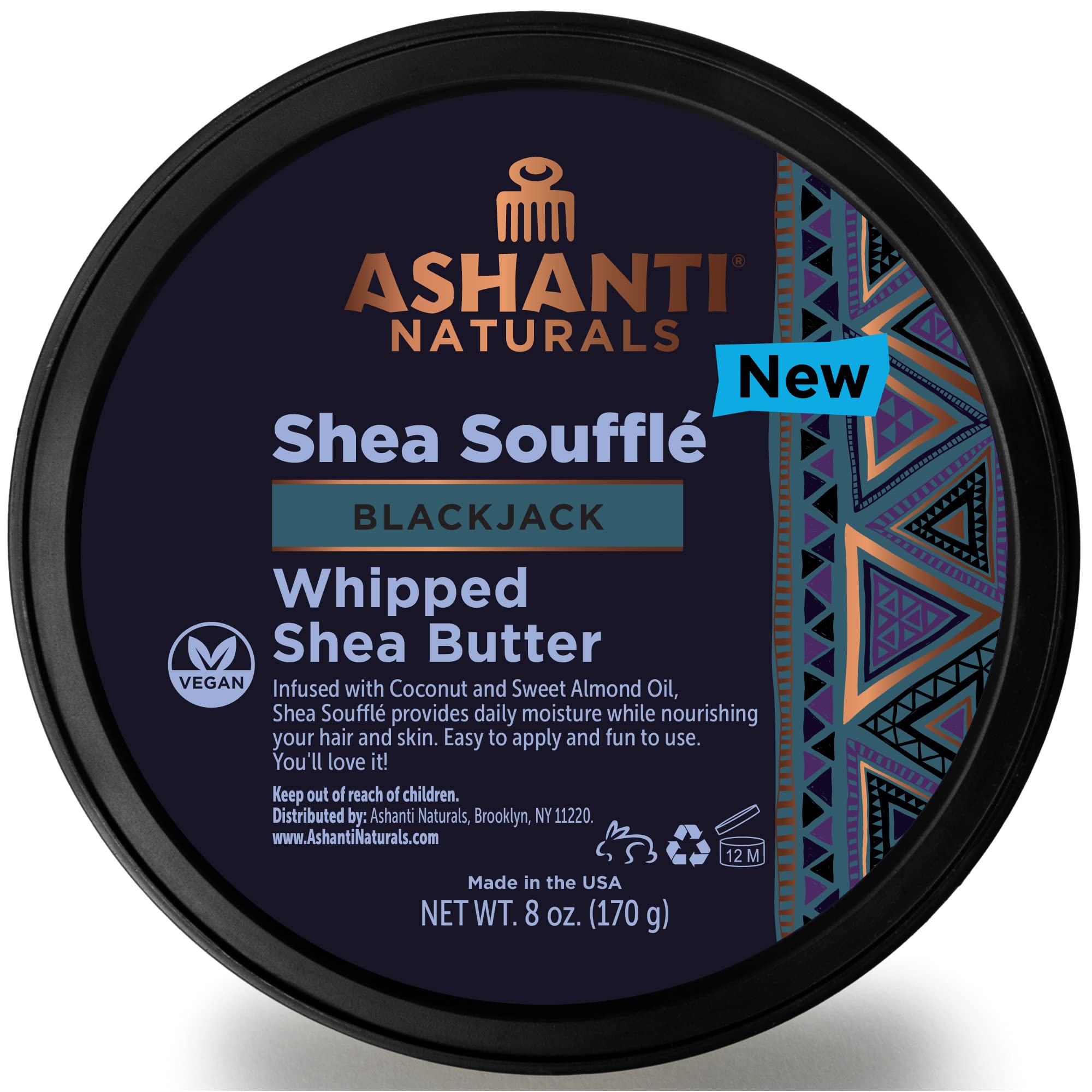Ashanti Naturals Blackjack Souffle bottle closeup showcases creamy body moisturizer for daily skin care.