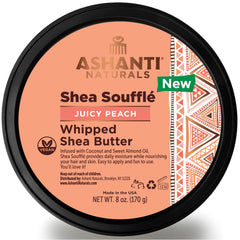 Ashanti Naturals Juicy Peach Souffle whipped shea butter tub shows creamy texture for deep skin moisture.