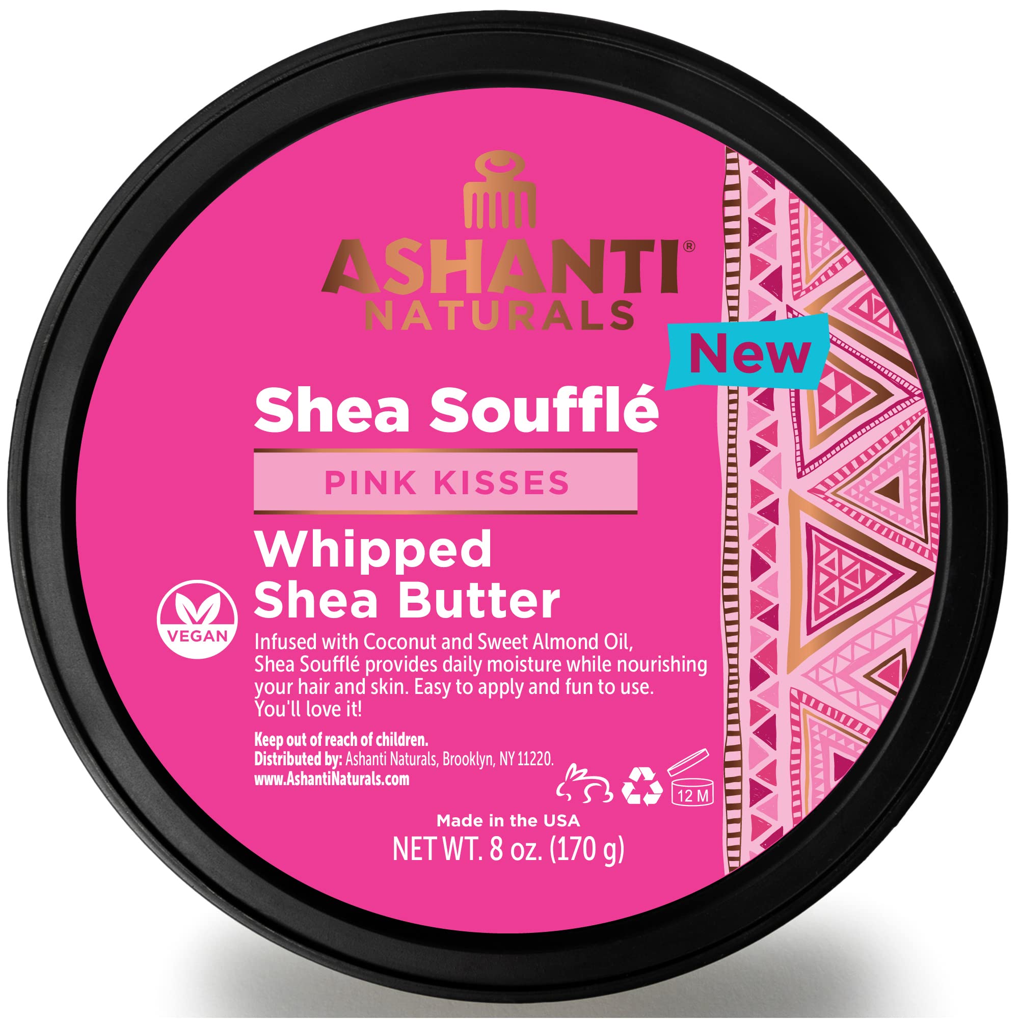 Ashanti Naturals Pink Kisses Souffle packaging showcases premium shea butter for nourished skin.