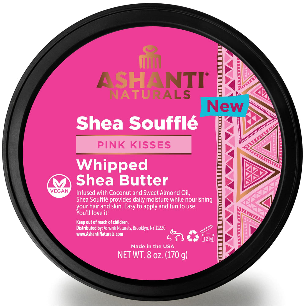 Ashanti Naturals Pink Kisses Souffle packaging showcases premium shea butter for nourished skin.