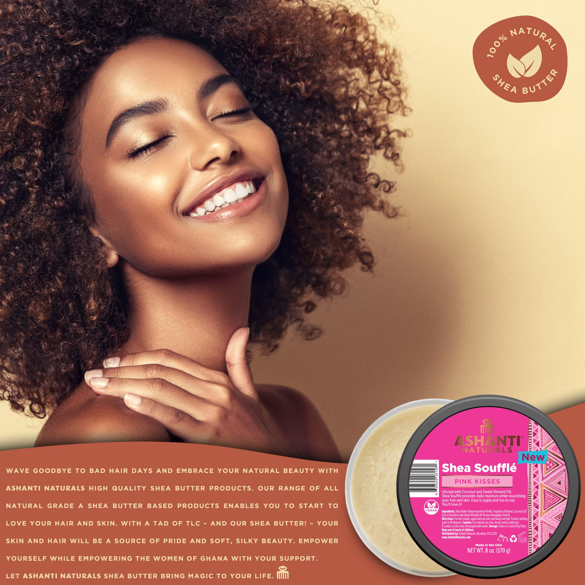 Ashanti Naturals scented shea butter close-up conveys luxurious fragrance and pampering ritual.