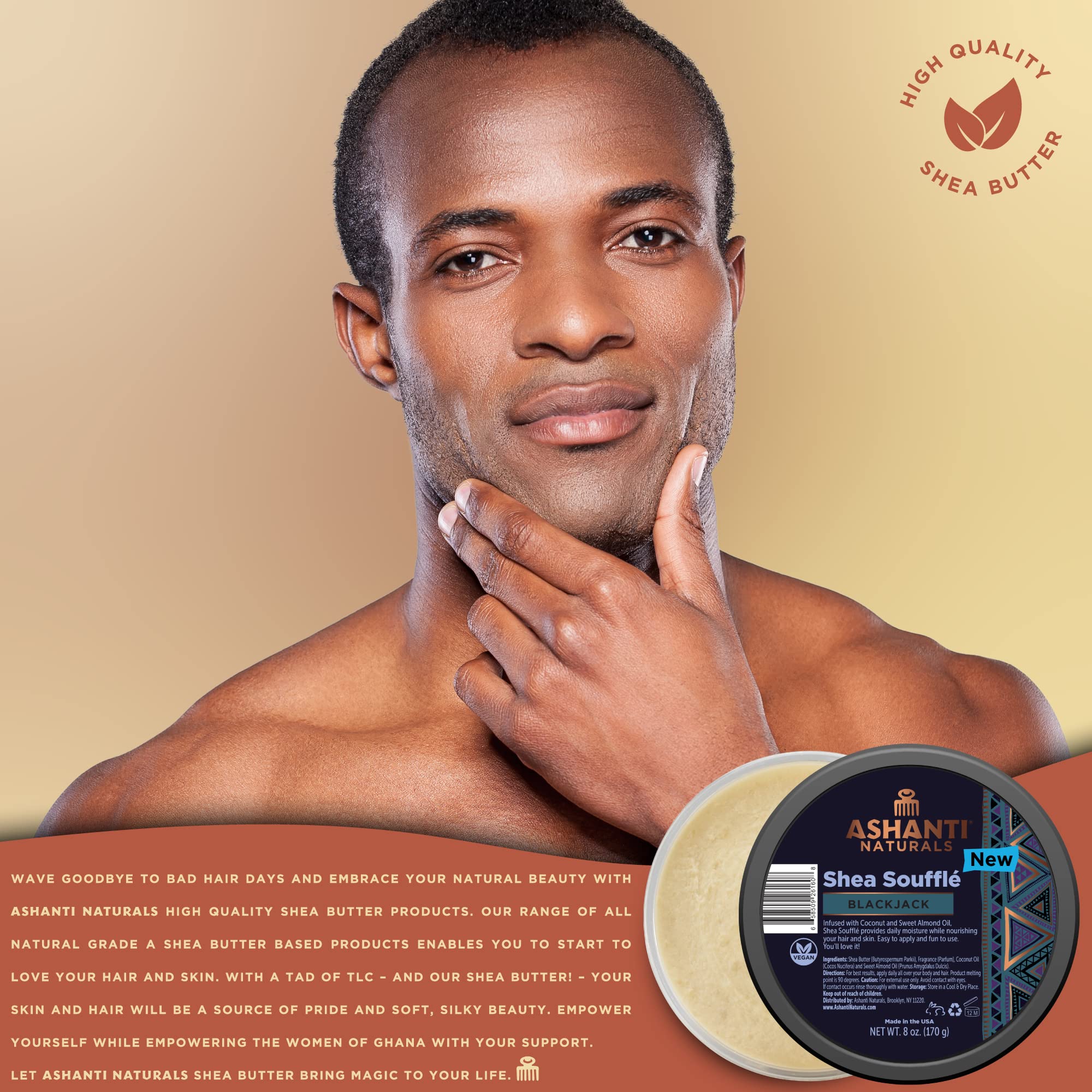 Ashanti Naturals manteca batida con coco y almendra, aroma masculino agradable.