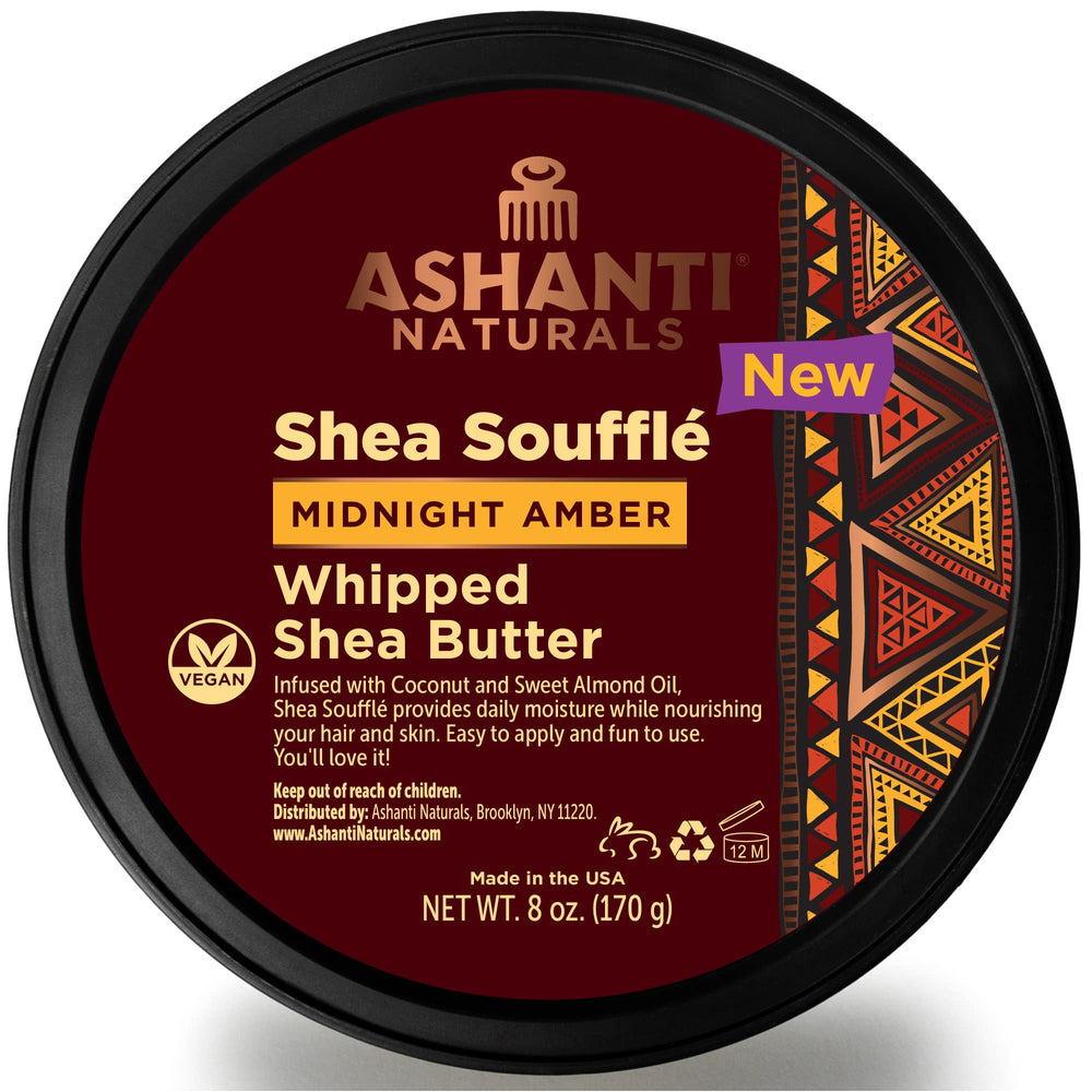 Ashanti Naturals scented whipped shea butter Midnight Amber jar for skin softness and fragrance.