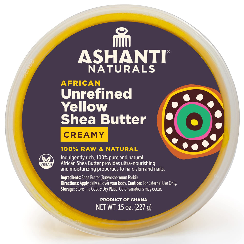 Ashanti Naturals Yellow Raw Shea Butter jar, creamy texture for daily skin and hair moisture.