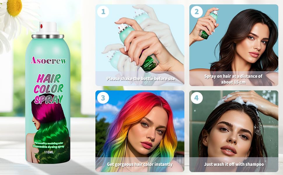 Asocrew green hair spray on hair dries quickly, leaving soft, shiny color.