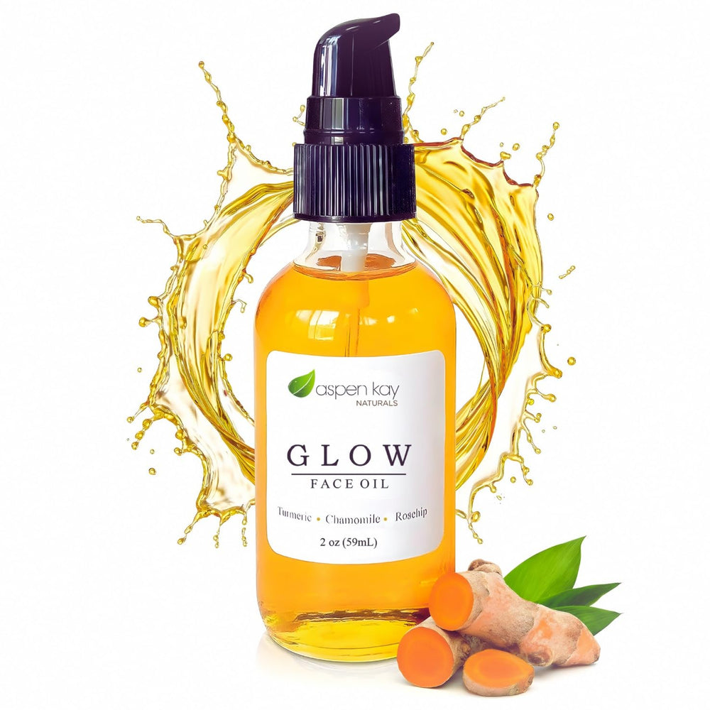 Aspen Kay Naturals Glow turmeric-rosehip face oil bottle highlights nourishing botanical blend for radiant skin.